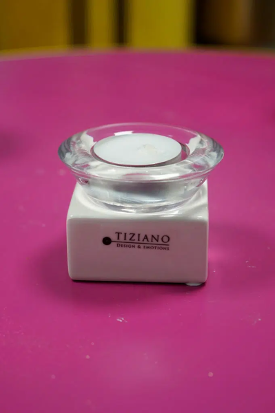 Tiziano Tischlicht Trixy weiß-creme 11 cm mit Klar Glas